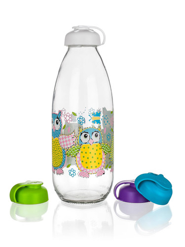 láhev na mléko 1l SOVY skl.+PH víčko mix barev