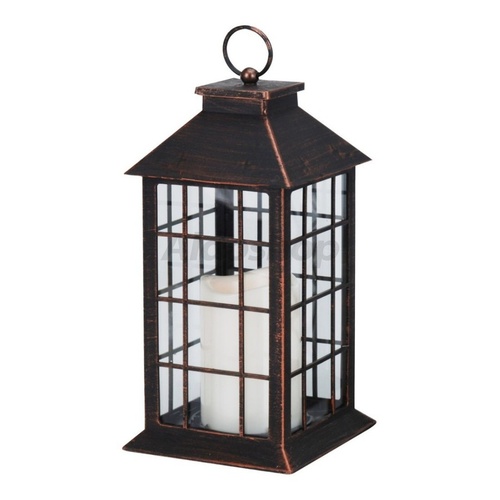 lucerna LED svíčka 28x14x14cm sklo/MĚĎ ČER