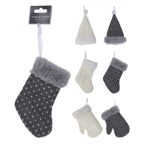 dekorace závěsná mix RUKAVICE/PUNČOCHA/ČEPICE 15cm BÍ,ŠE