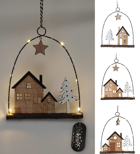 dekorace závěsná DOMEČEK 6LED, 20,5cm kov/dřevo mix
