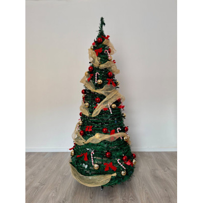 Skládací vánoční stromek LIDIA 150 cm – kompletně ozdobený, 100 LED