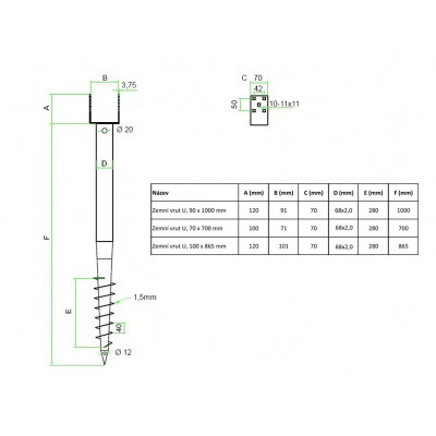 ALDOTRADE Zemní vrut U, 90 x 1000 mm 